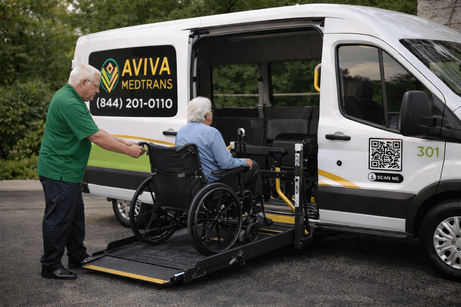AVIVA MedTrans driver assisting a wheelchair patient onto an accessible van